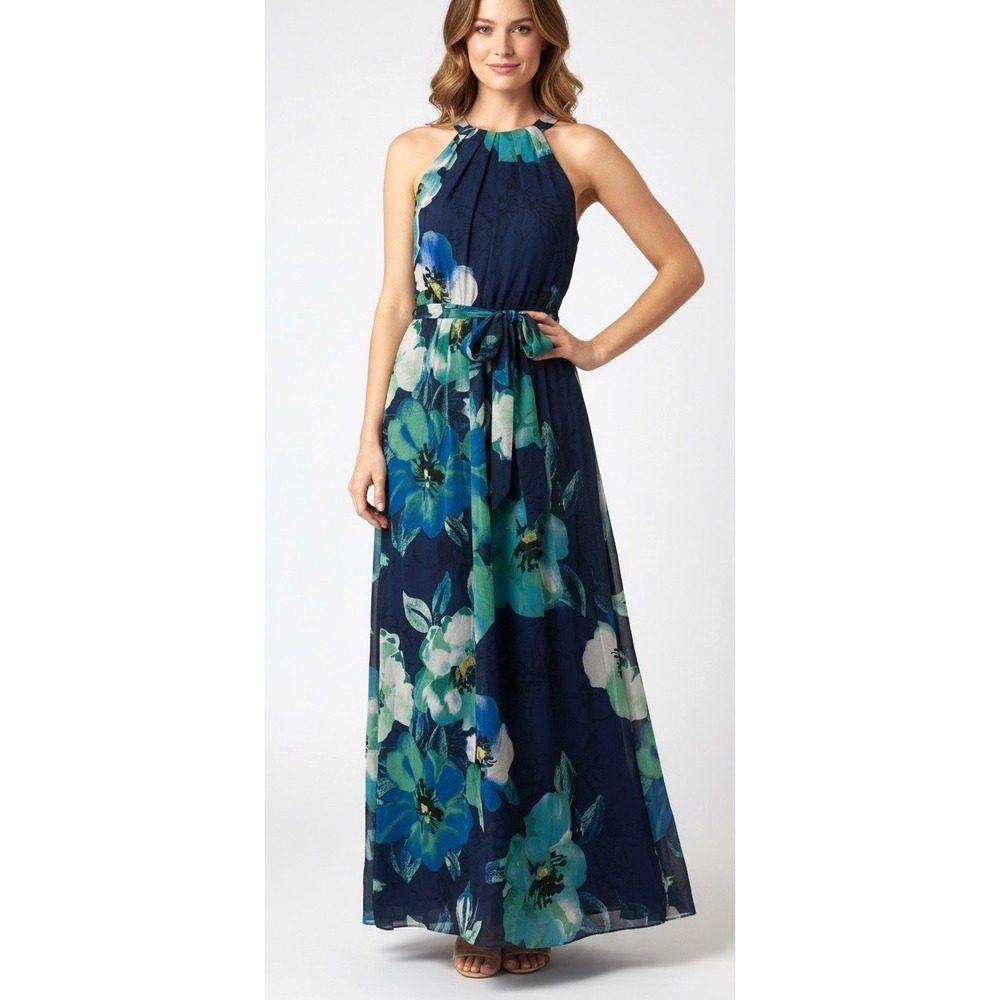 Eliza J Floral Chiffon Halter Maxi Dress Navy Pleated Neckline Belted Formal